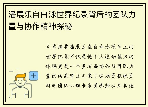 潘展乐自由泳世界纪录背后的团队力量与协作精神探秘