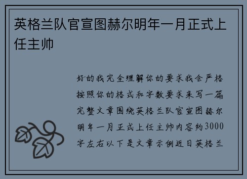 英格兰队官宣图赫尔明年一月正式上任主帅