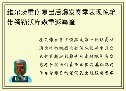 维尔茨重伤复出后爆发赛季表现惊艳带领勒沃库森重返巅峰